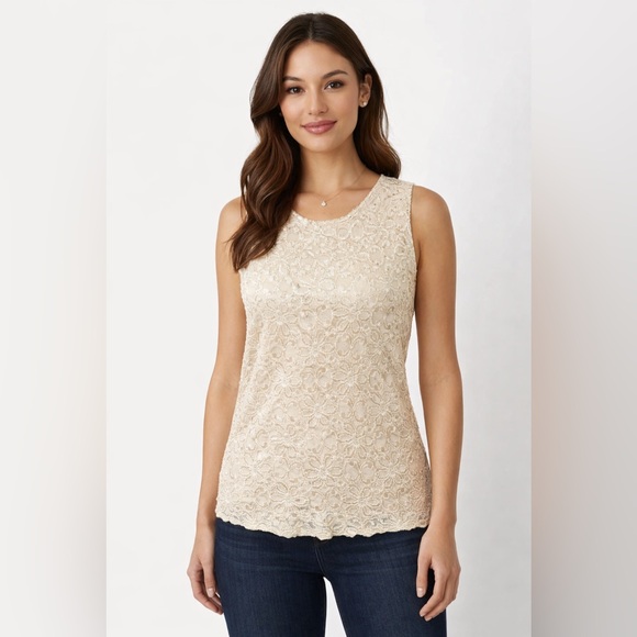 Vintage Tops - Vtg Y2K Lace Tank Top Medium Cream Sparkly Sleeveless Sheer Floral Overlay USA